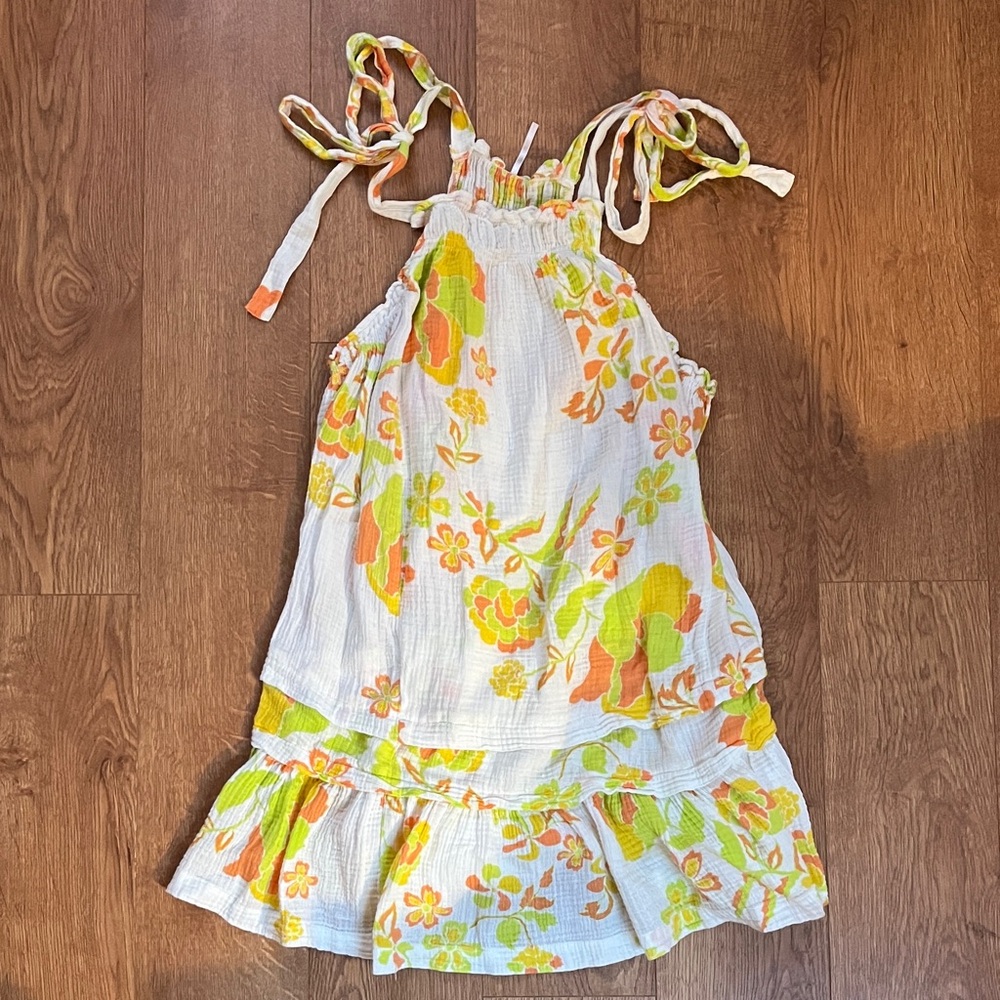 Free People Flowy Ivory Linen Tunic with Bright Floral Pattern Size S